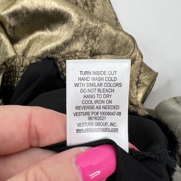 Chenault Size L Blouse Metallic Gold Smocked Waist Long Sleeves High Neck Top - Picture 8 of 9